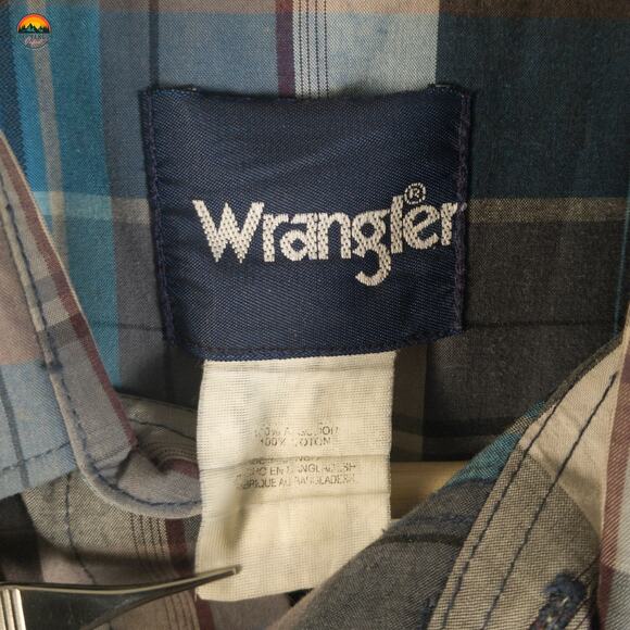 Wrangler Pearl Snap Button-Up Shirt Gray Blue Plaid Cotton Long Sleeve Men's M - Picture 8 of 11